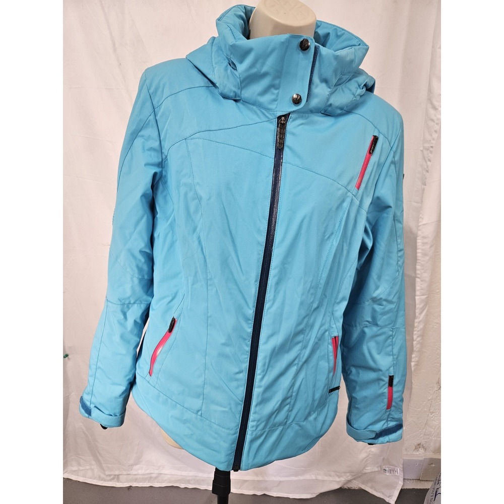 Spyder Womens Ski‎ Jacket Light Blue Red Zip Insulated Hooded Snow Coat Size 10